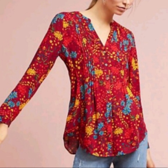 Anthropologie - Maeve red floral pin tuck button up shirt - Picture 1 of 6